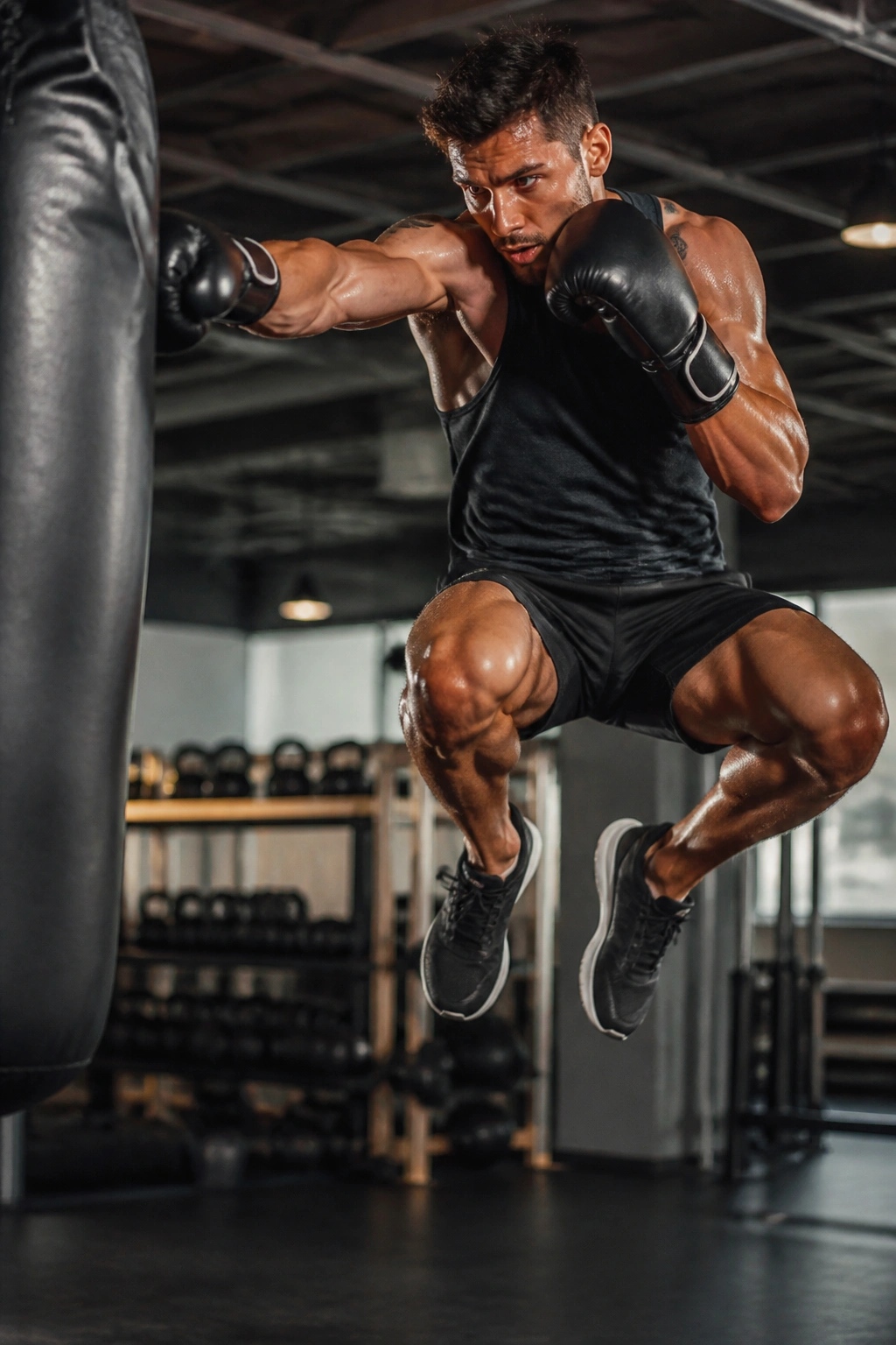 Athlete performing plyometric punching with jump in a gym.