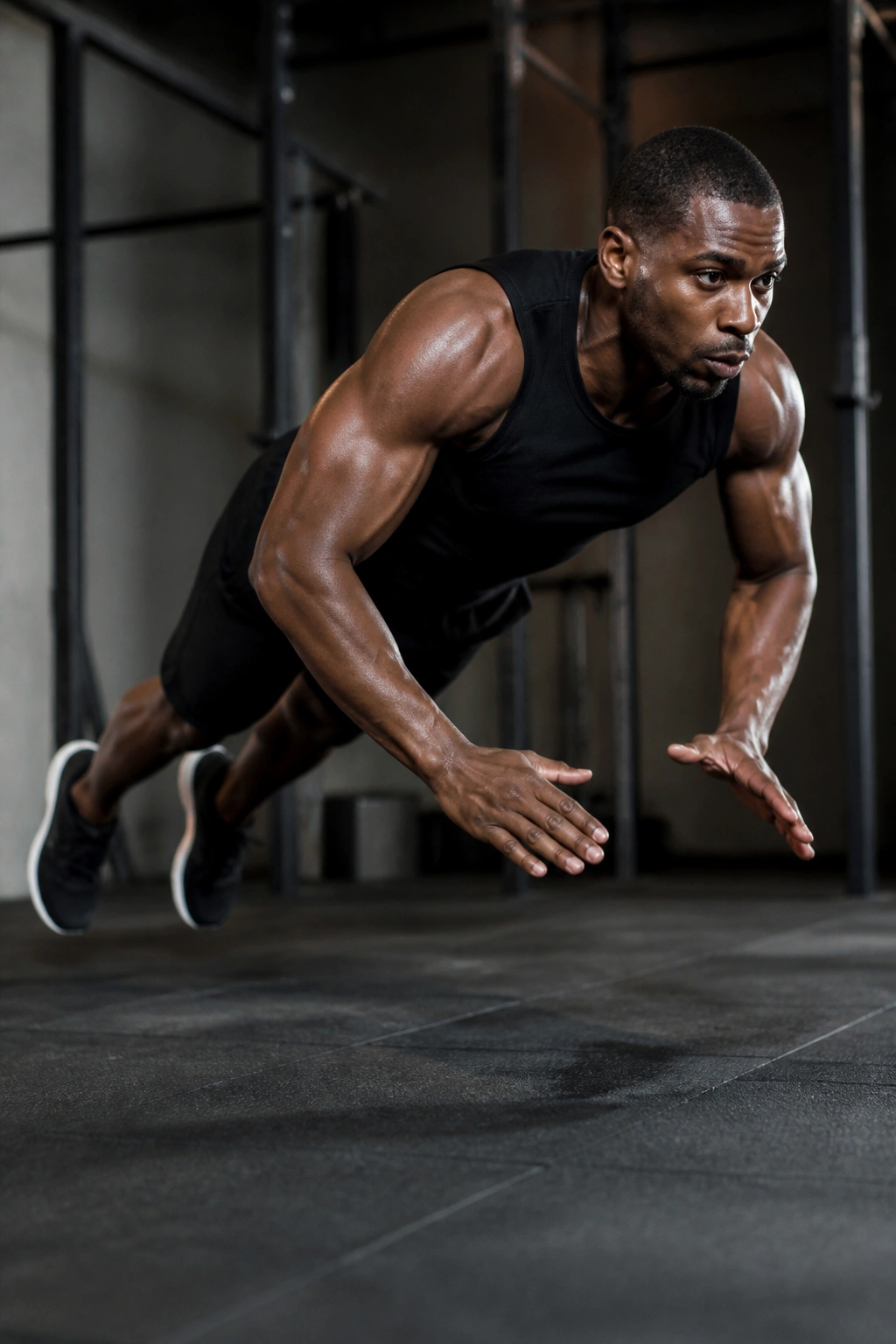 Athlete performing explosive plyometric push-ups in gym during circuit.