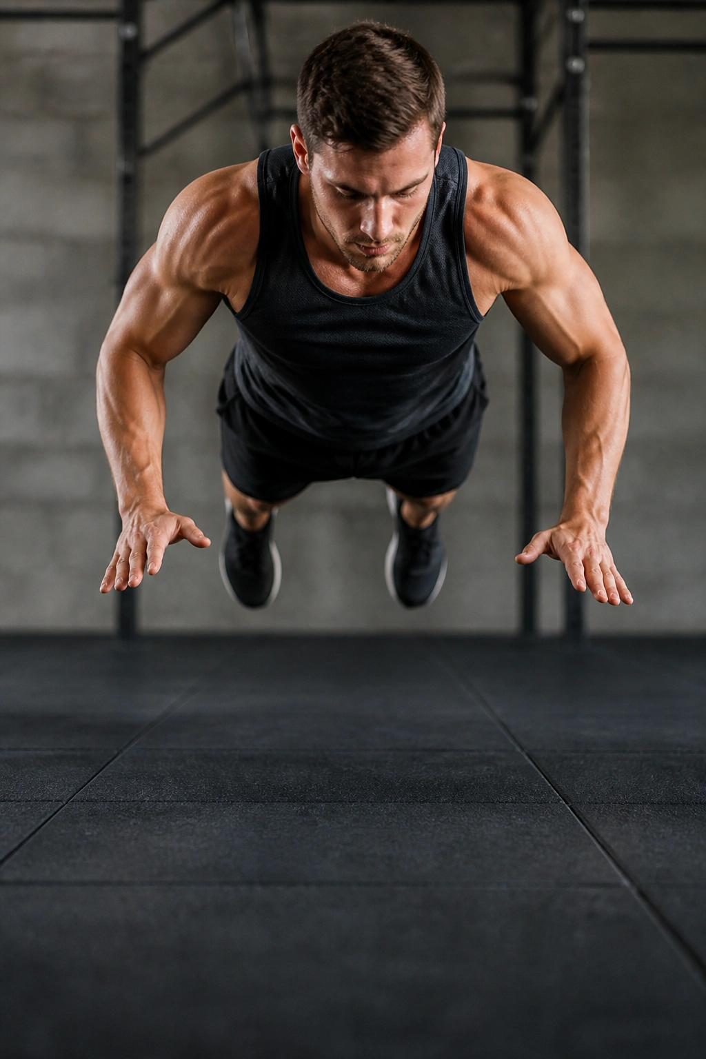 Medium close-up of a real person performing plyometric push-ups with explosive press