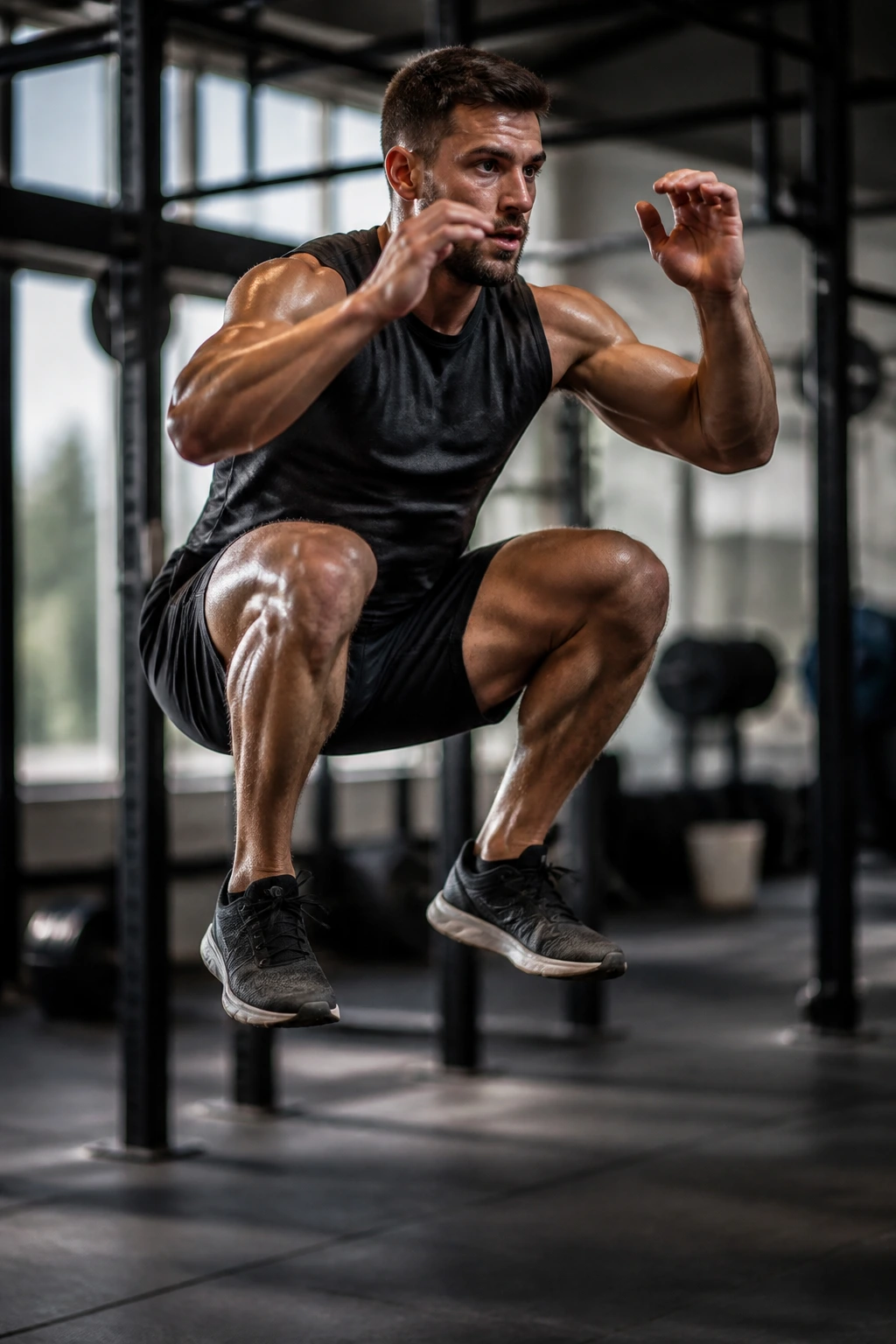Close-up of a real athlete performing a plyometric squat jump in a gym