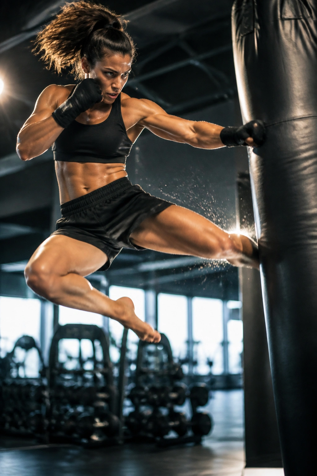 Athlete mid-air performing explosive plyometric strike in gym