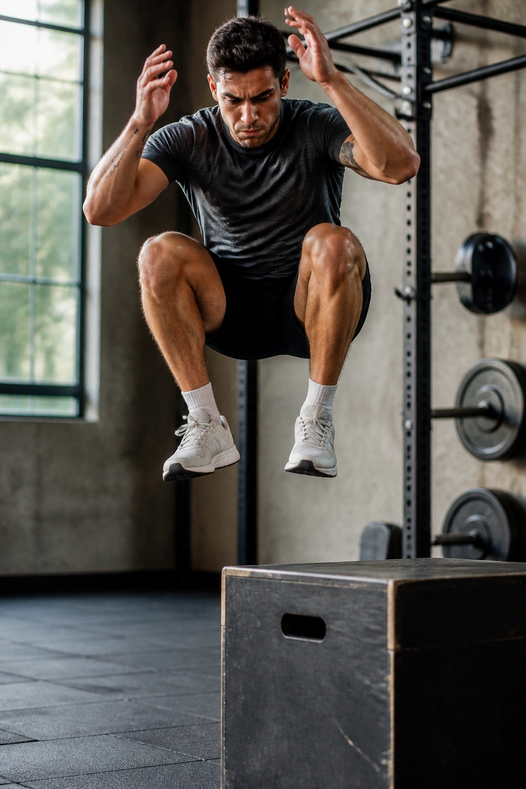 Athlete performing a box jump for plyometric power development in a home gym