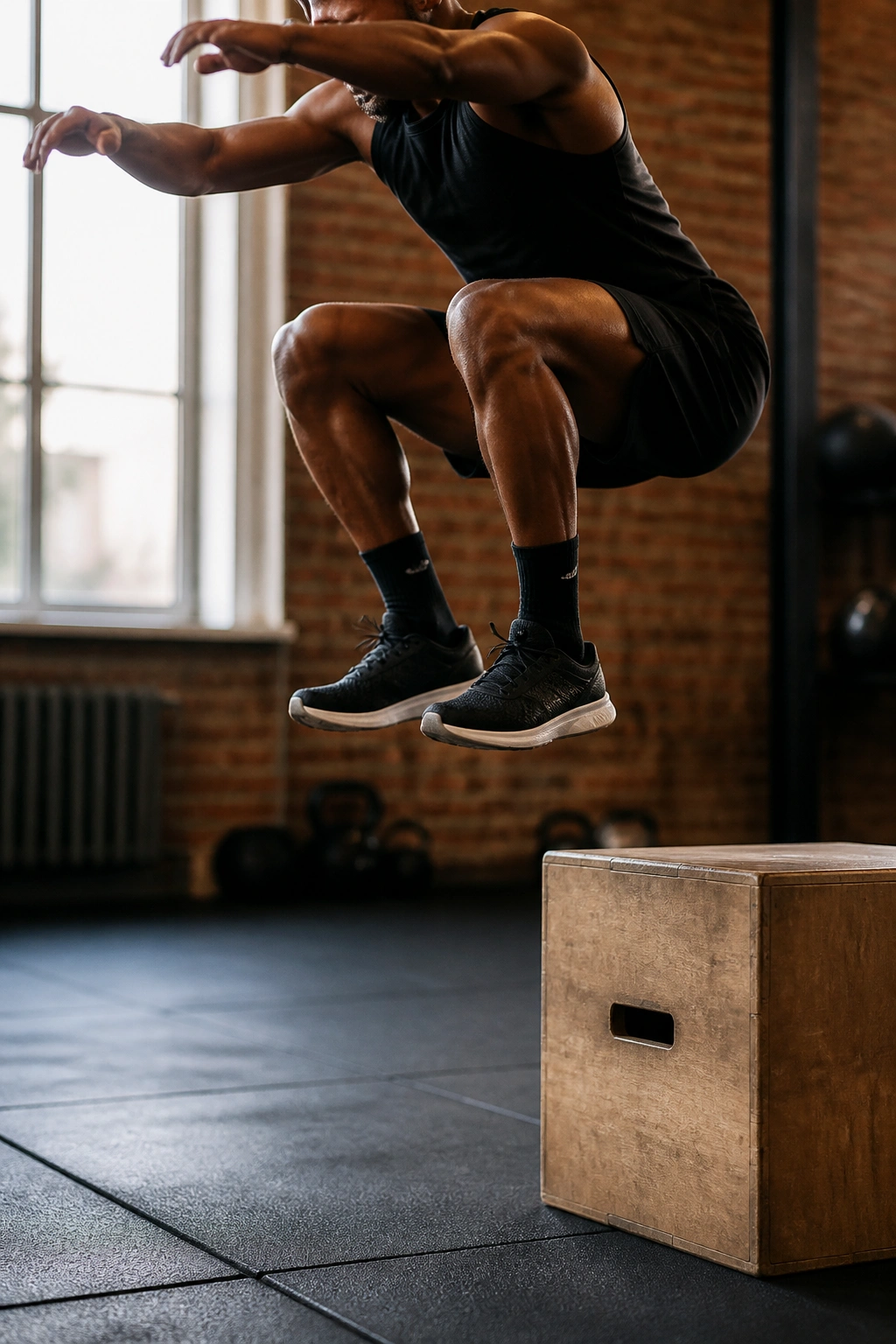 Athlete mid-air performing a plyometric box jump in a gym