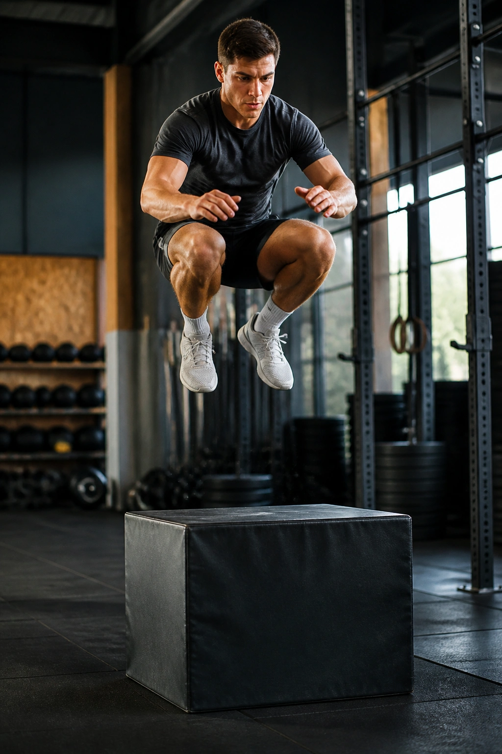 Athlete performing a box jump during a plyometric session