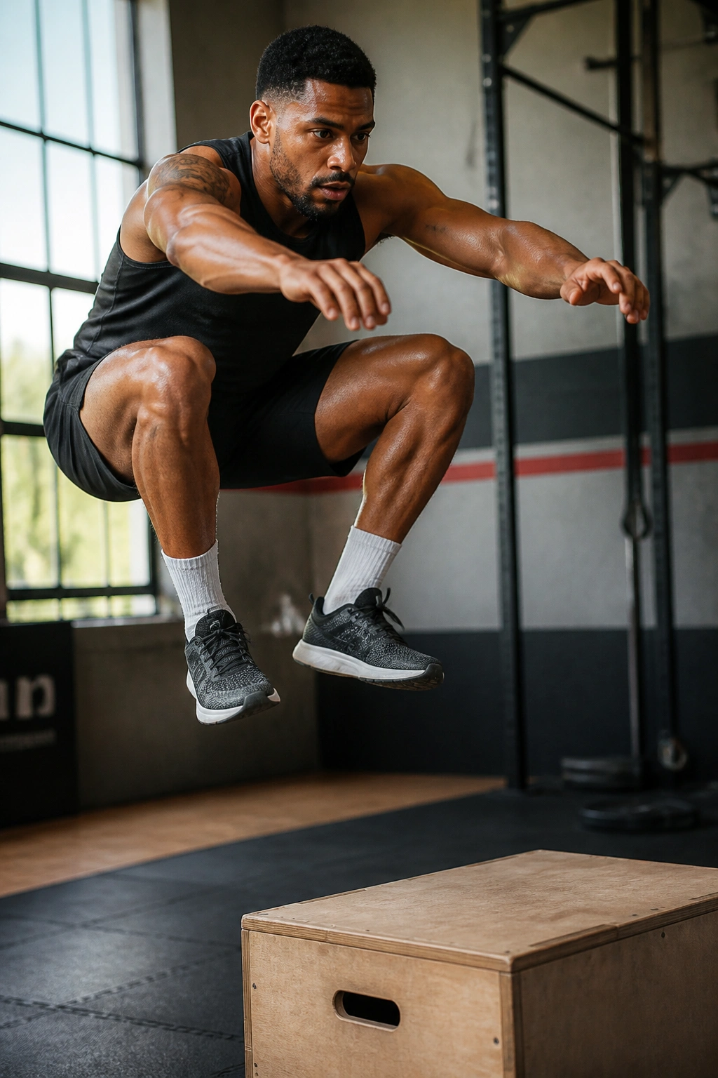 Athlete mid-air box jump in a gym, showcasing plyometric power moves