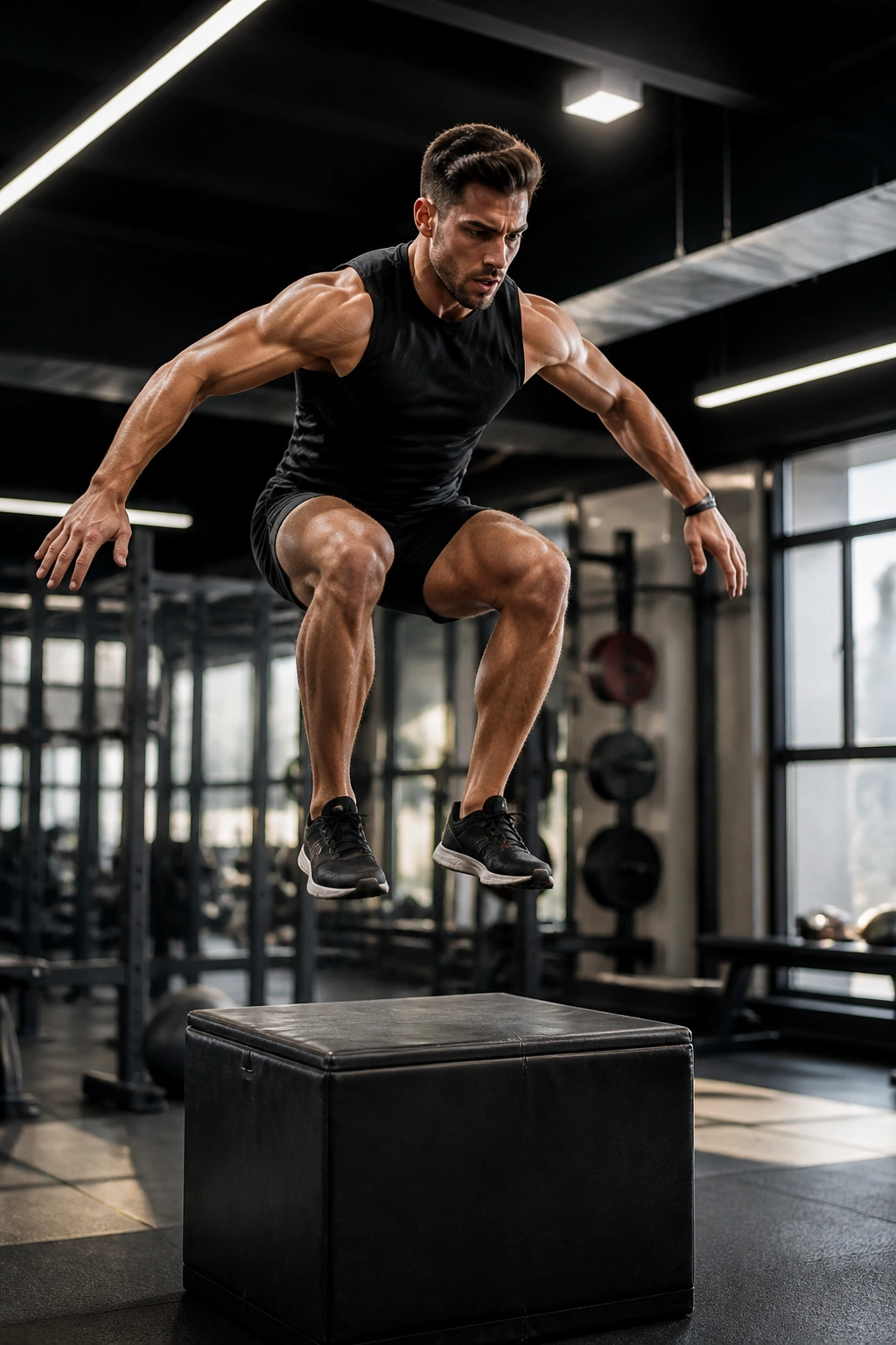 Athlete performing box jumps in a gym