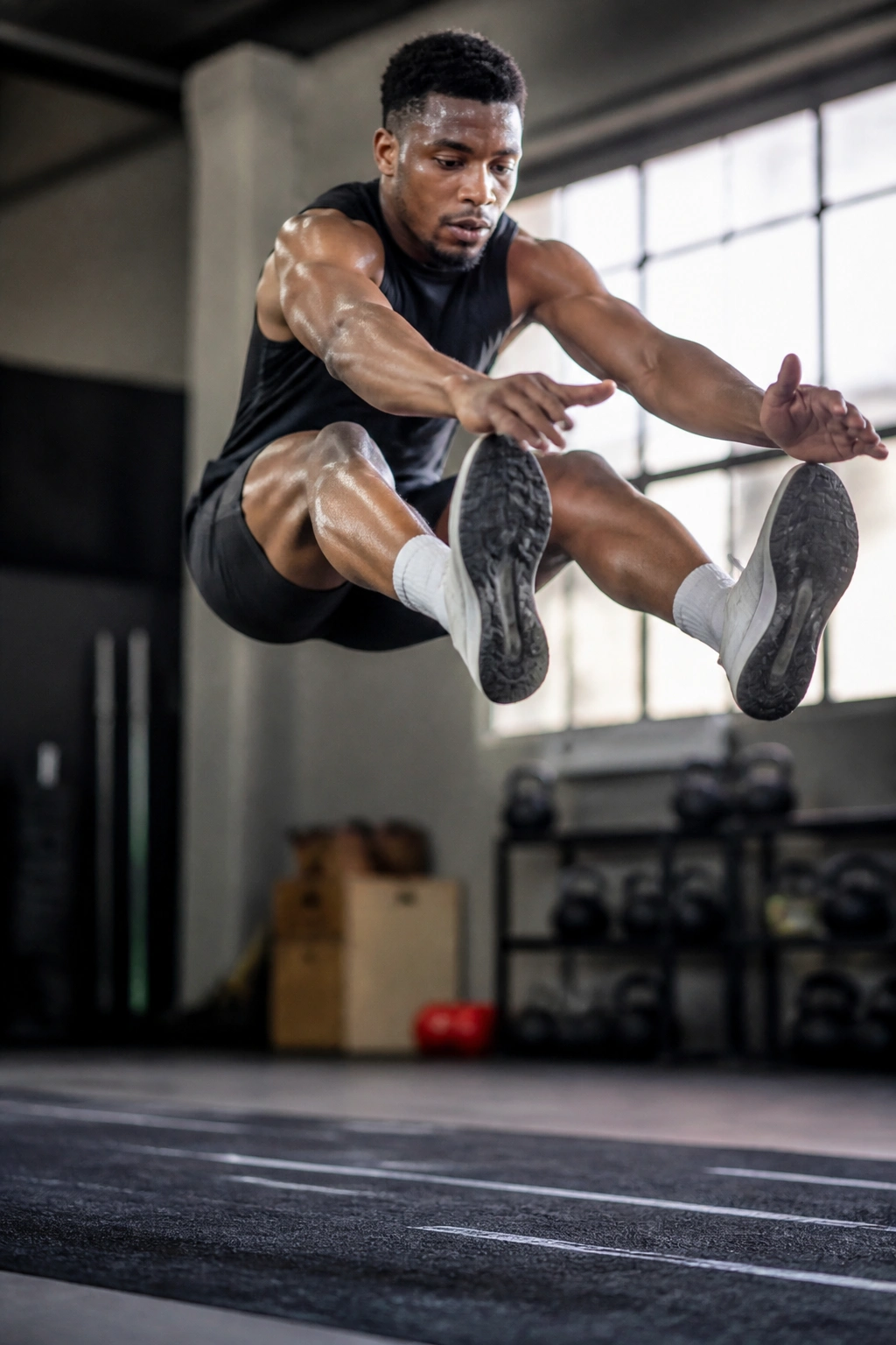 Mid-air broad jump by a real athlete on a gym floor with a blurred background