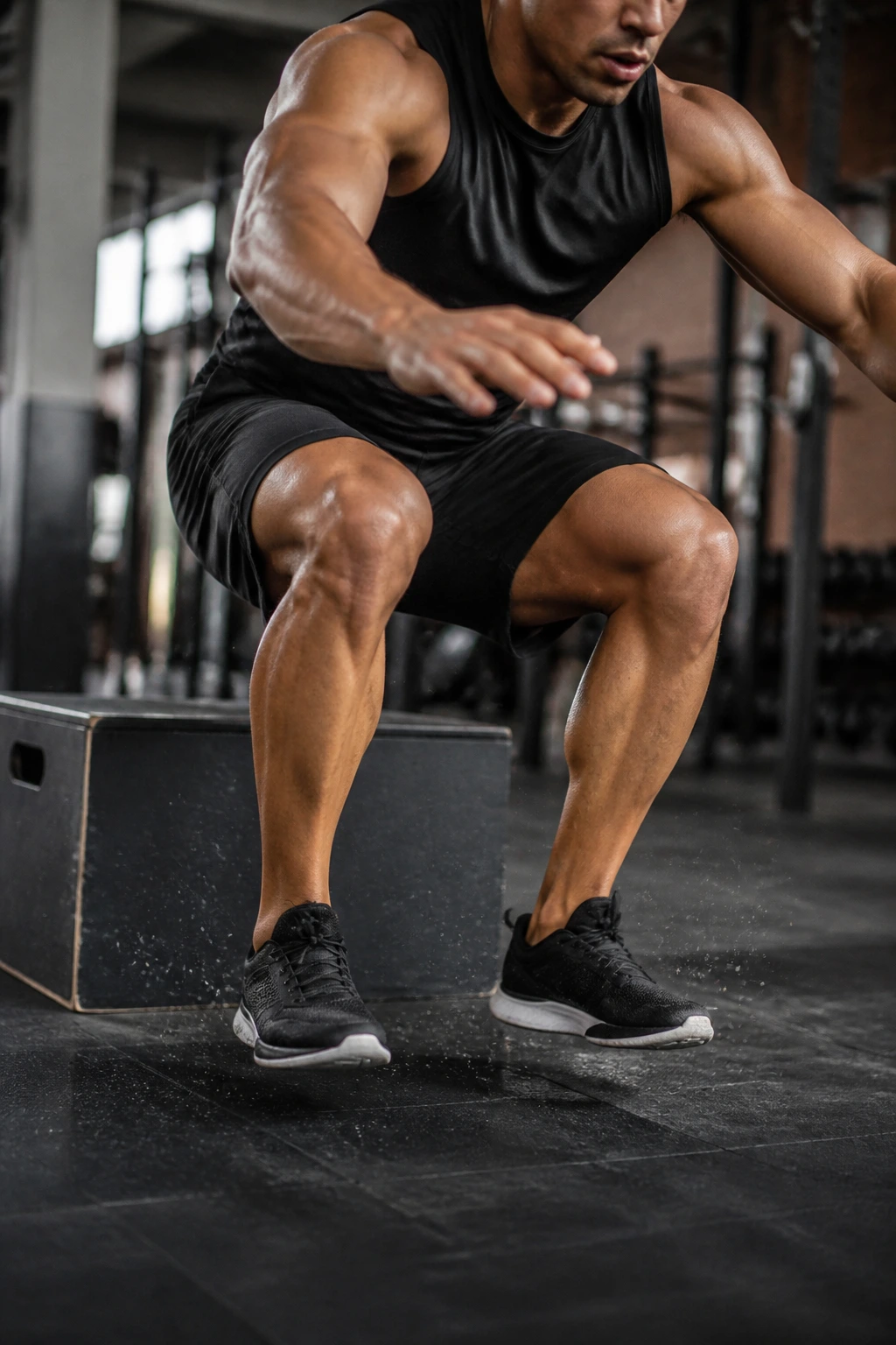 Athlete performing a depth jump in a gym, emphasizing powerful legs and landing