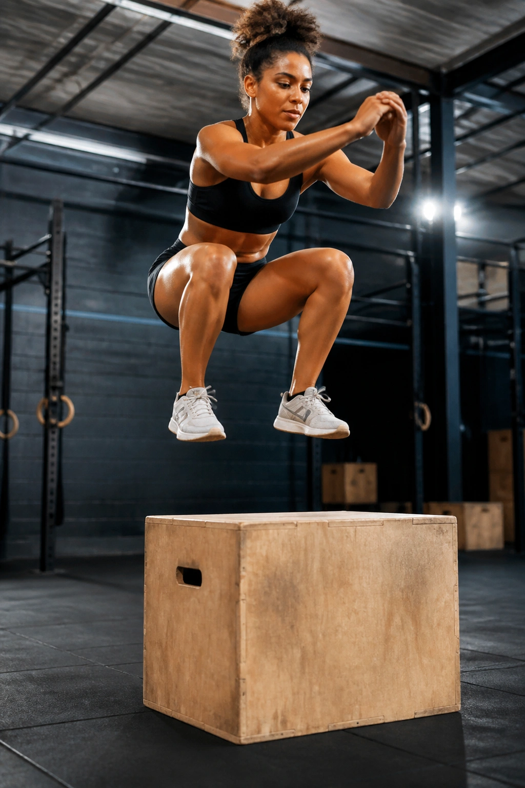 Athlete performing a box jump in a gym during plyometrics