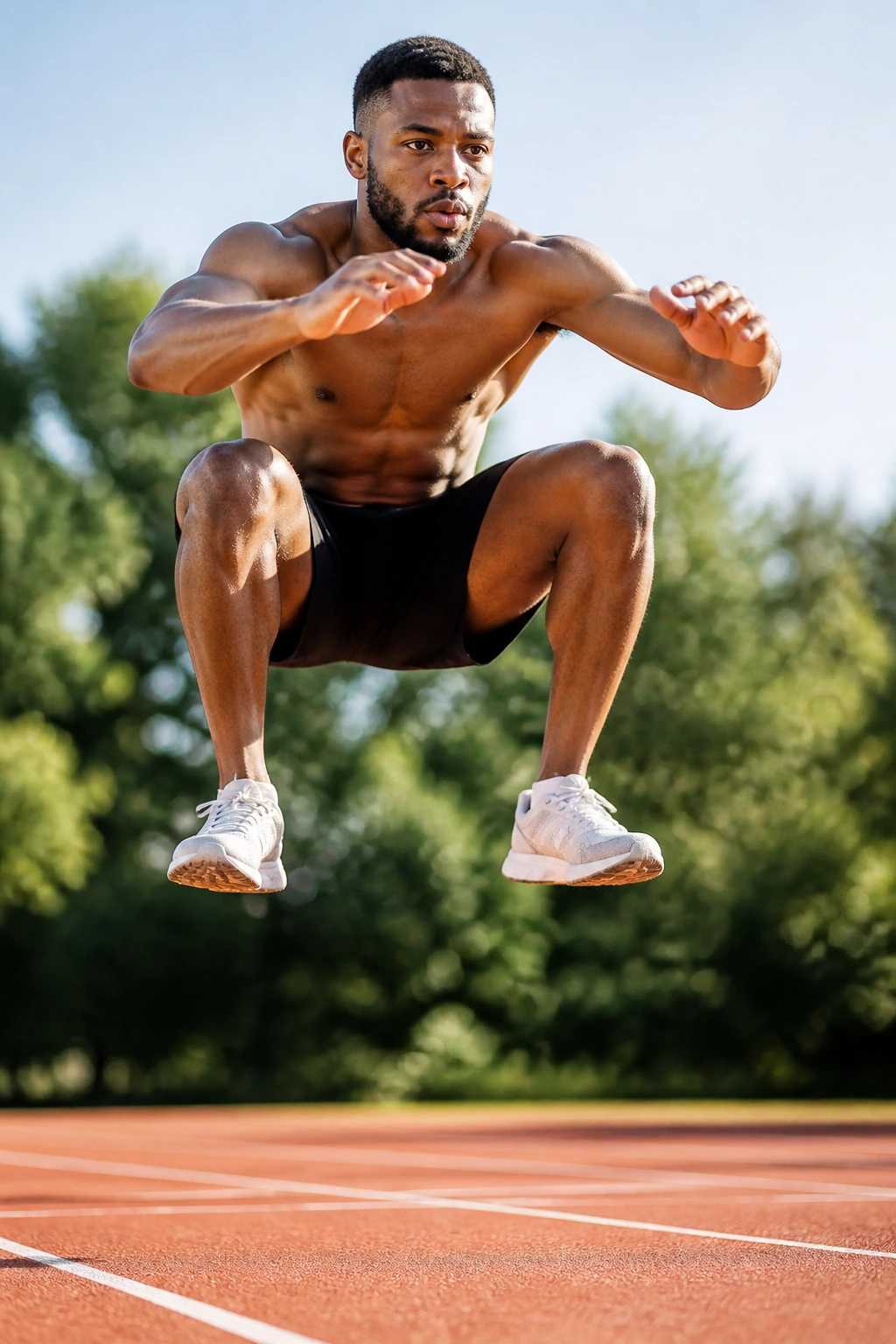 Athlete performing a jump squat outdoors, filling frame with dynamic plyometric movement