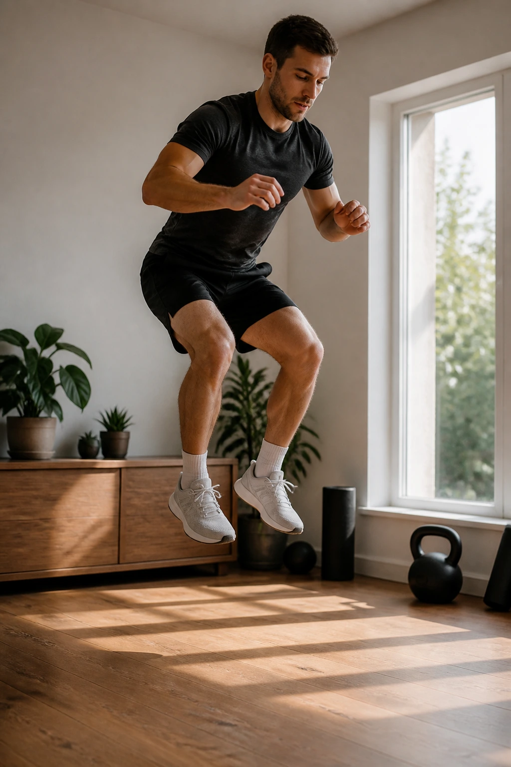 Real person landing softly from a pogo hop in a home workout space