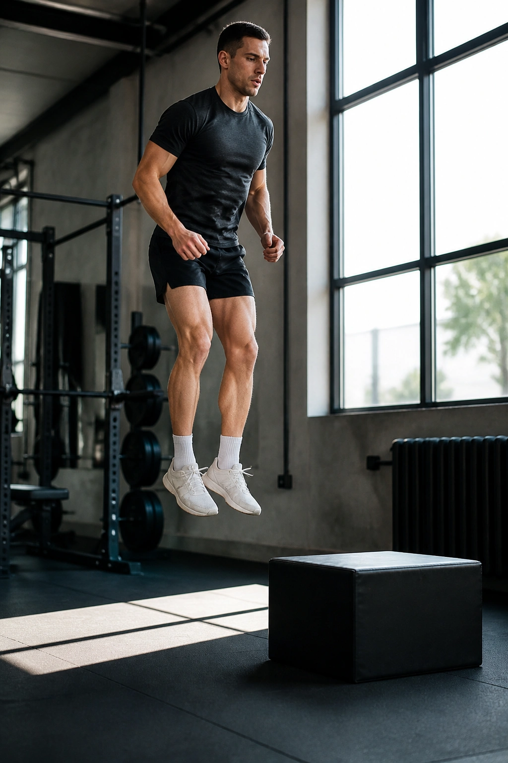 Mid-air of an athlete performing a pogo hop on a gym mat