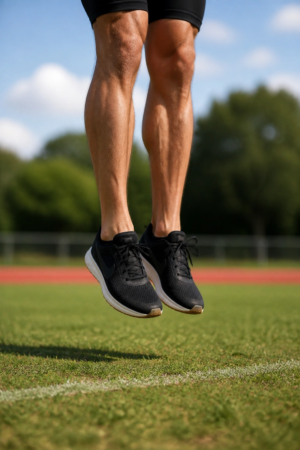 Close-up of a runner's lower legs performing pogo jumps on grass