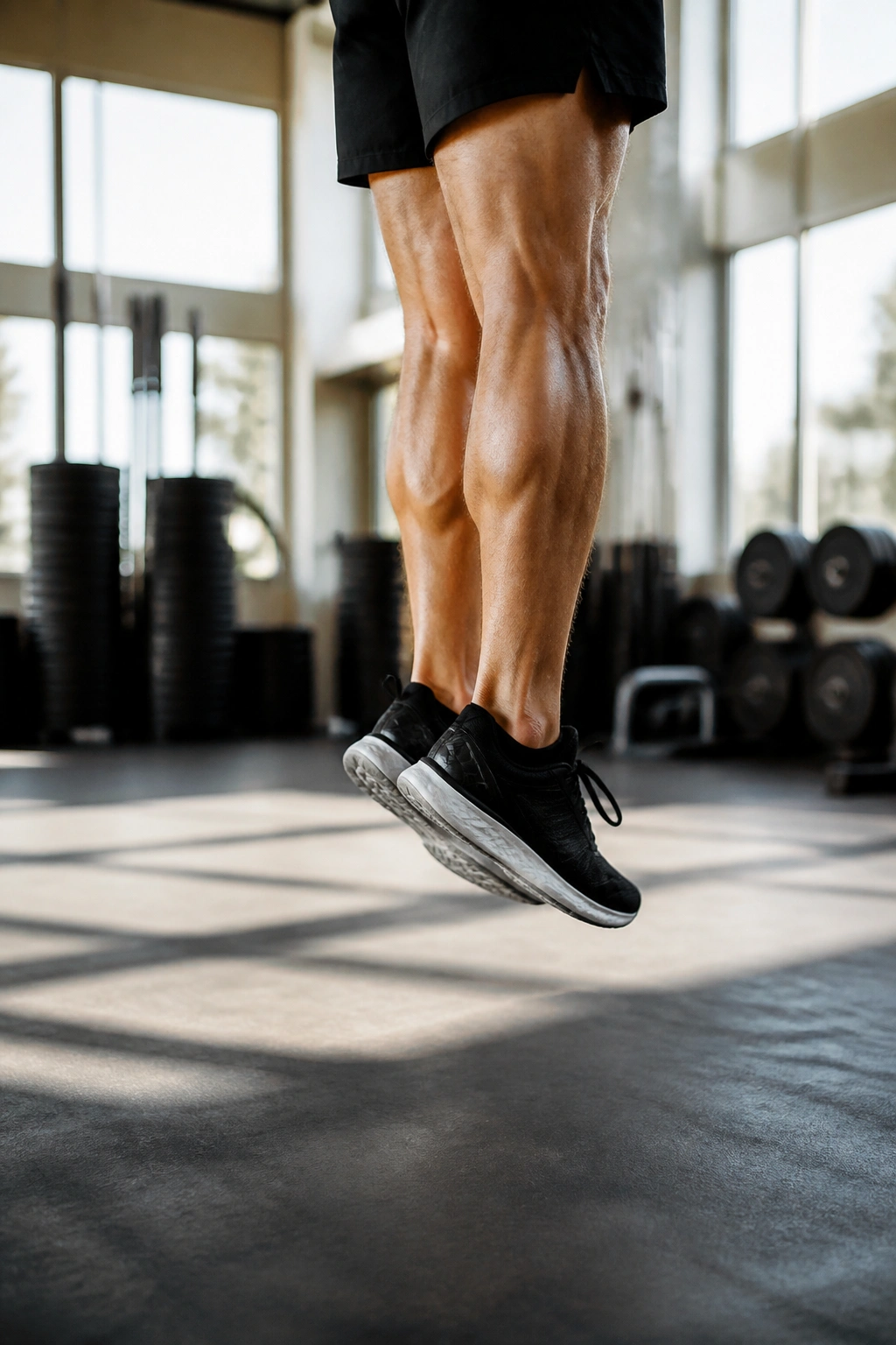 Athlete performing rapid pogo jumps focusing on calves.