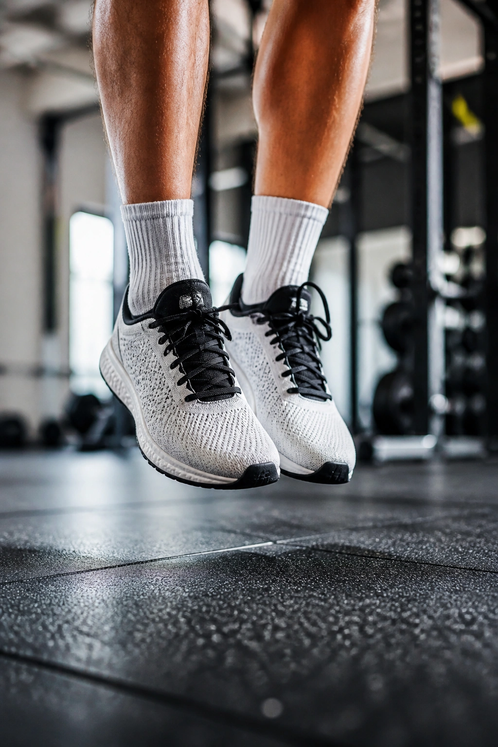 Close-up of athlete's feet performing pogo jumps on a gym floor