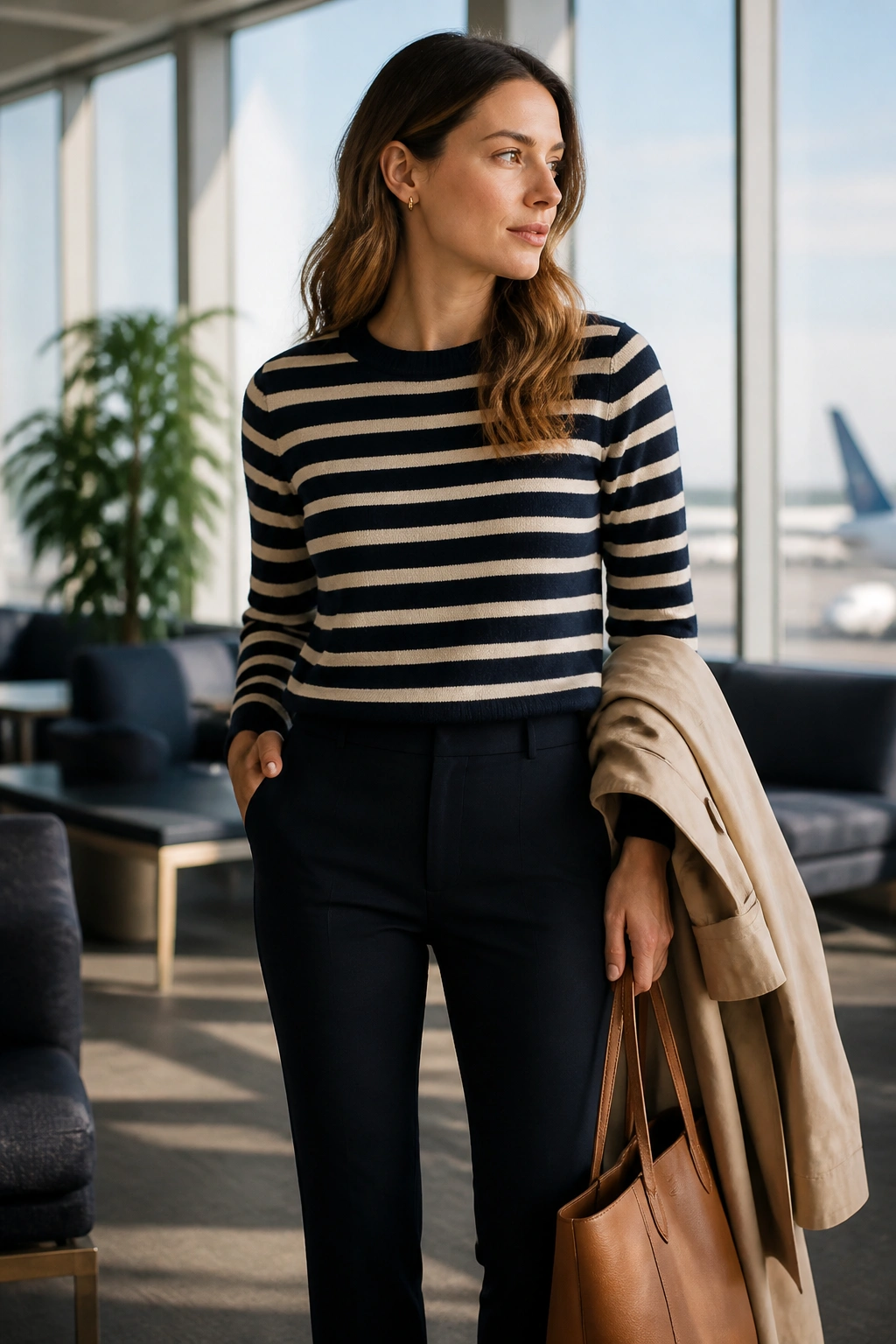 Person wearing ponte pants and striped knit top in airport lounge