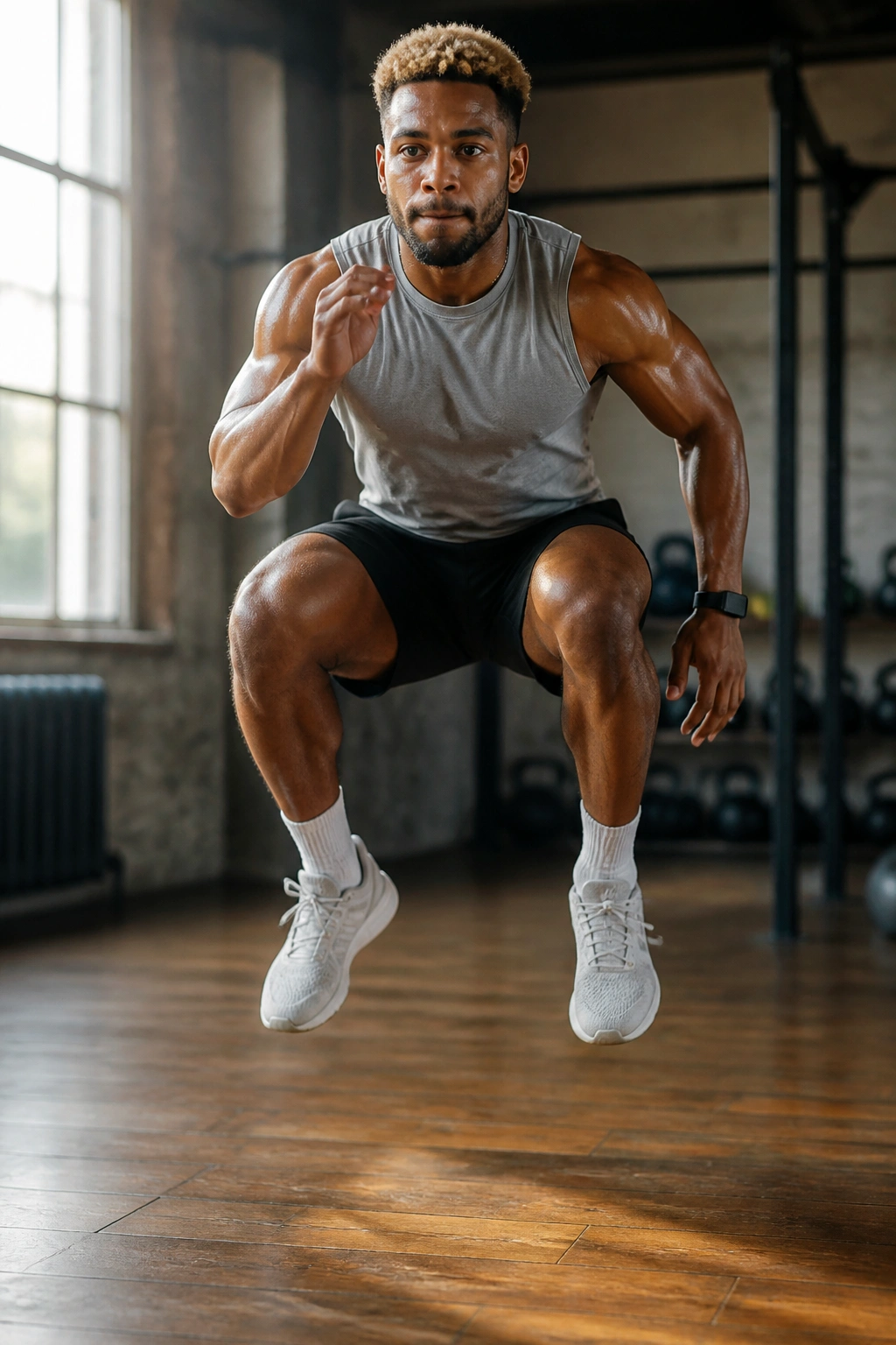 Athlete performing rapid pop squats in a gym, showing compact form.