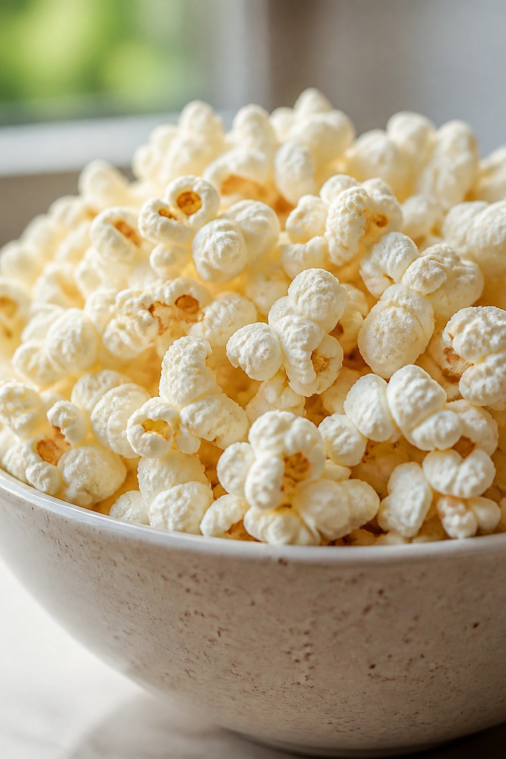 Close-up of popcorn in a bowl on a kitchen counter
