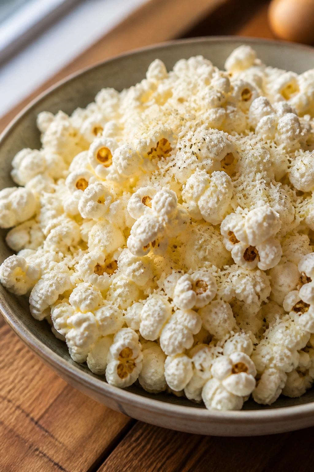 Popcorn with olive oil and parmesan in a bowl on a wooden table