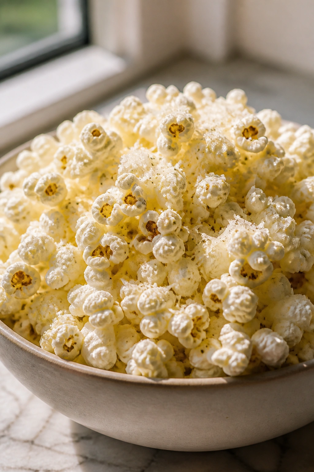 Close-up of popcorn with olive oil and parmesan in a bowl
