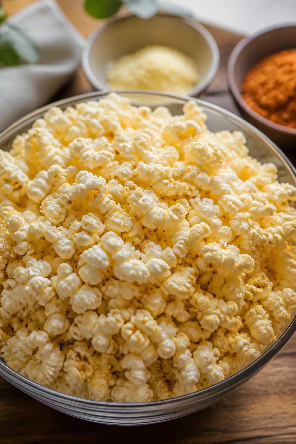 Close-up of a large bowl of popcorn with subtle background bowls in a home kitchen