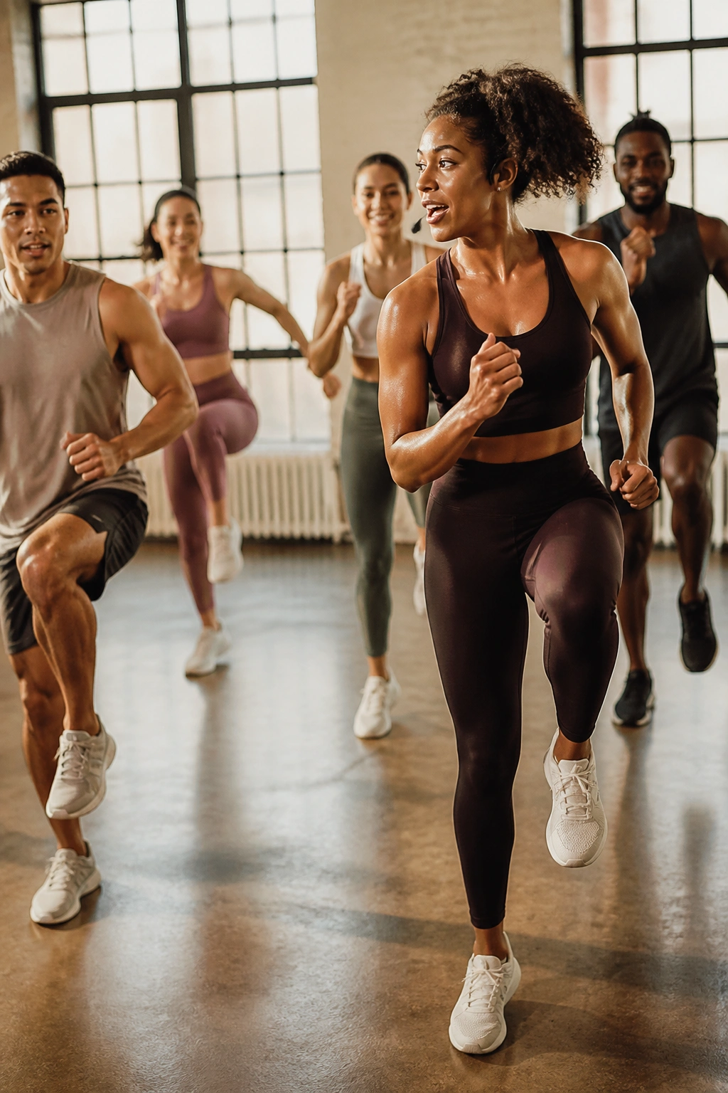 Trainer leading a small group HIIT class in a bright studio
