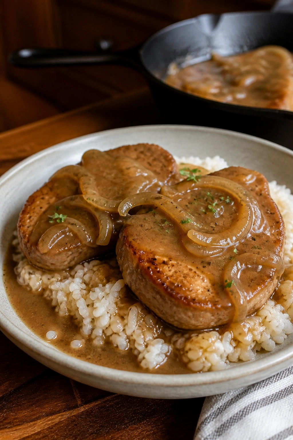 Pork chops with onion gravy over rice on plate
