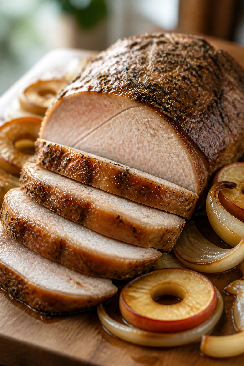 Close-up of sliced pork loin roast with apples and onions on a cutting board