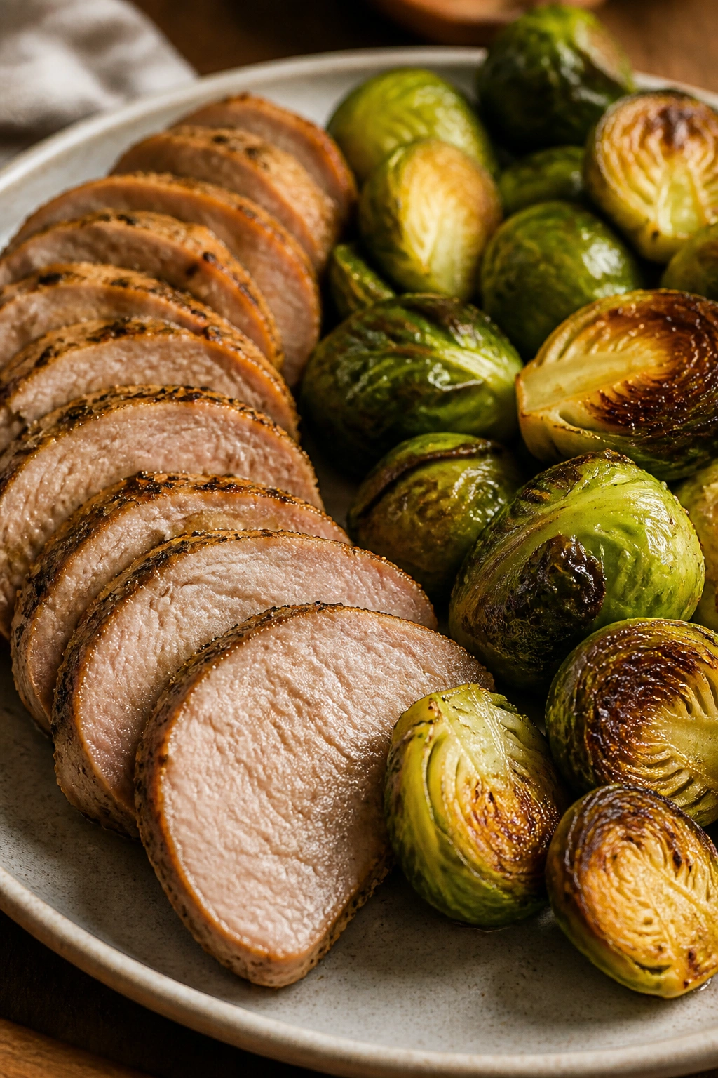Pork tenderloin medallions with roasted Brussels sprouts on plate