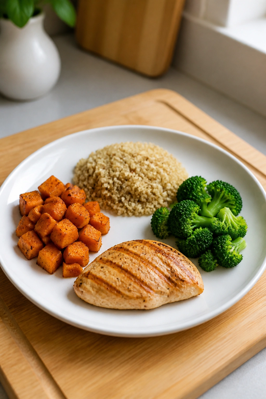 Plate with four equal portions of food arranged neatly
