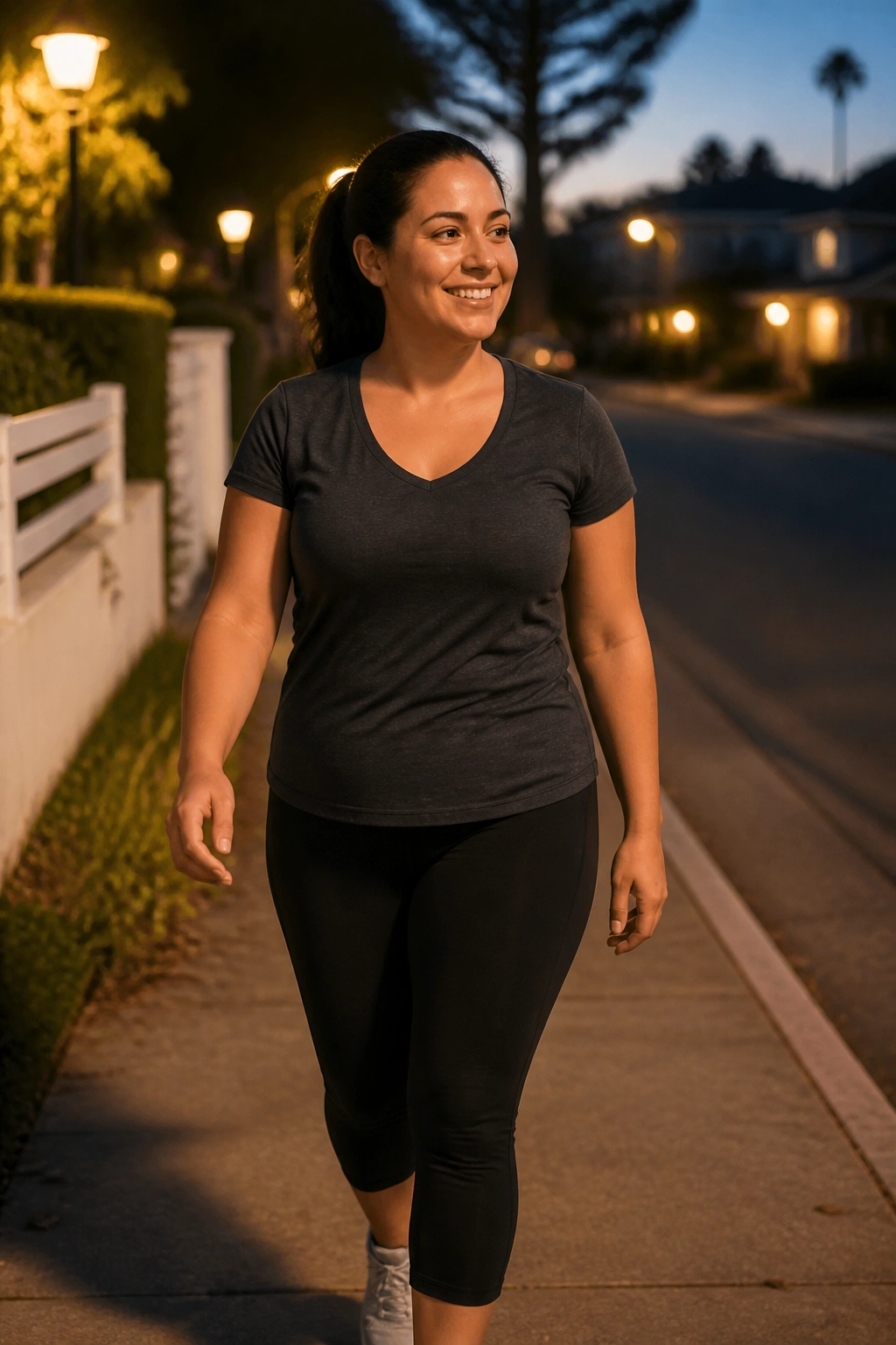 Person taking a post-dinner walk on a quiet street at dusk