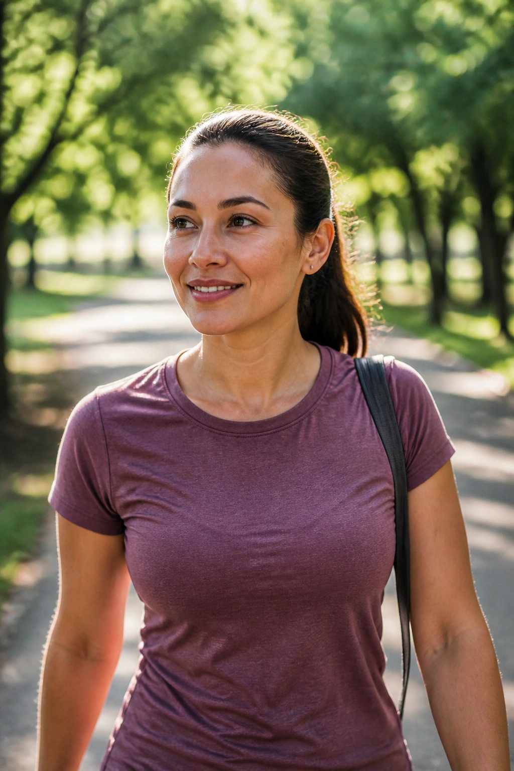 Person walking outdoors after a meal in a park