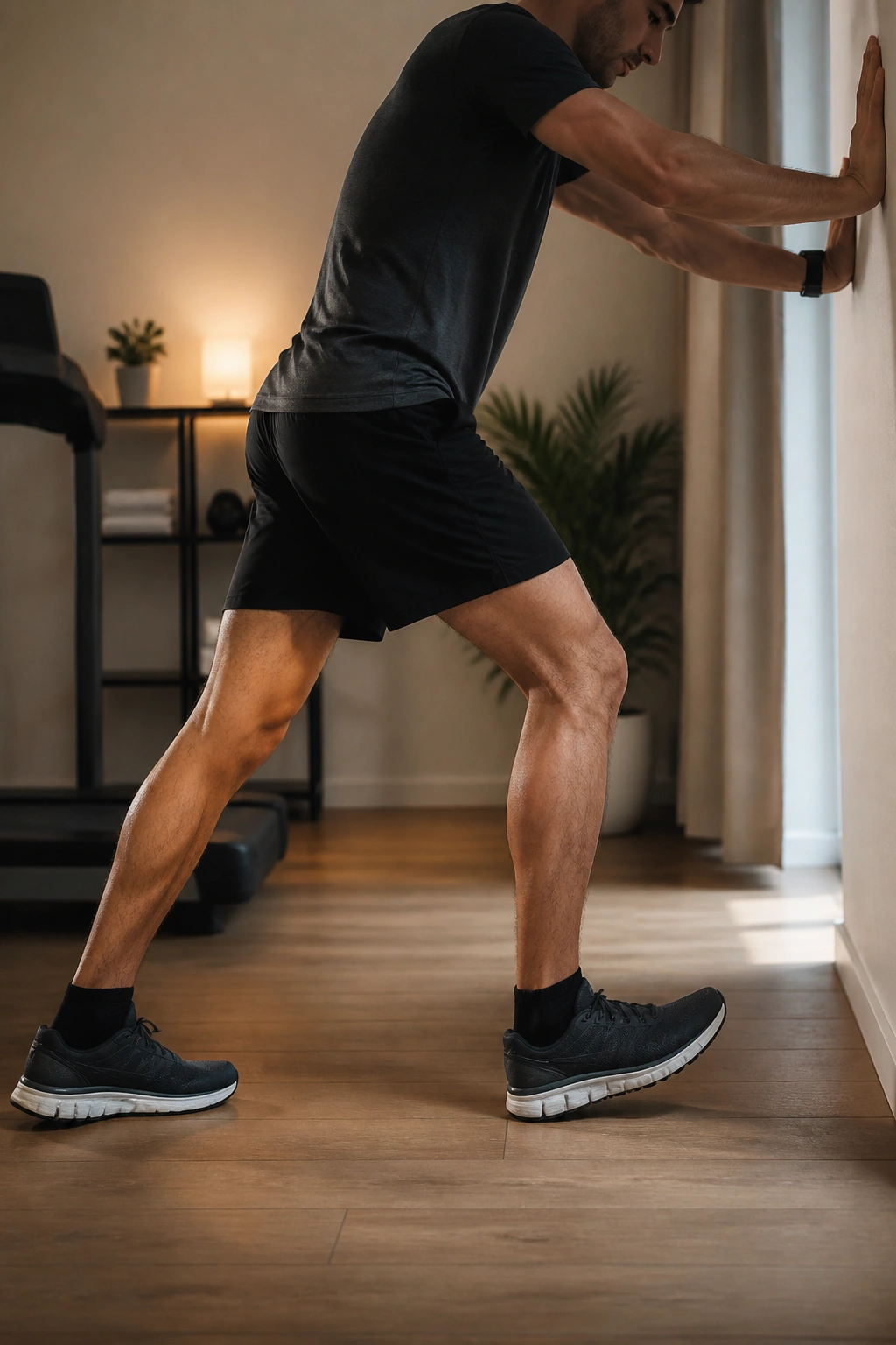 Close-up of a person performing a post-run standing calf stretch