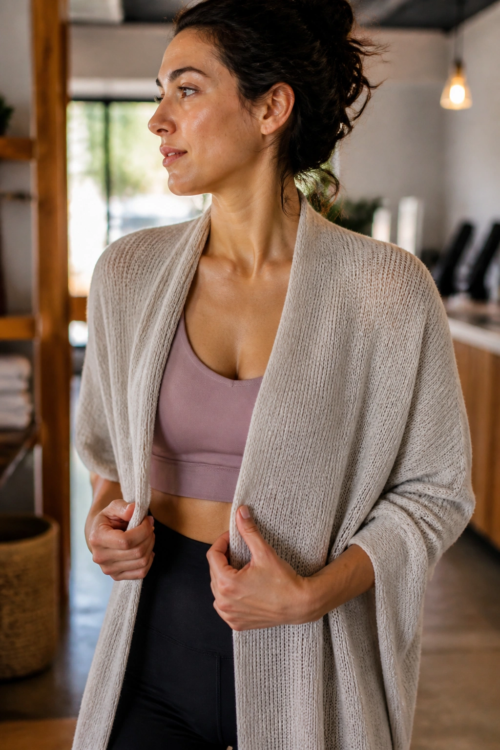 Person wearing a lightweight post-workout wrap draped over shoulders in a lobby.