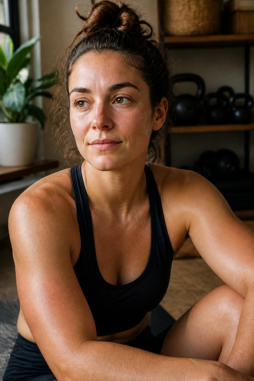 Close-up portrait of a person seated on a mat in a home gym