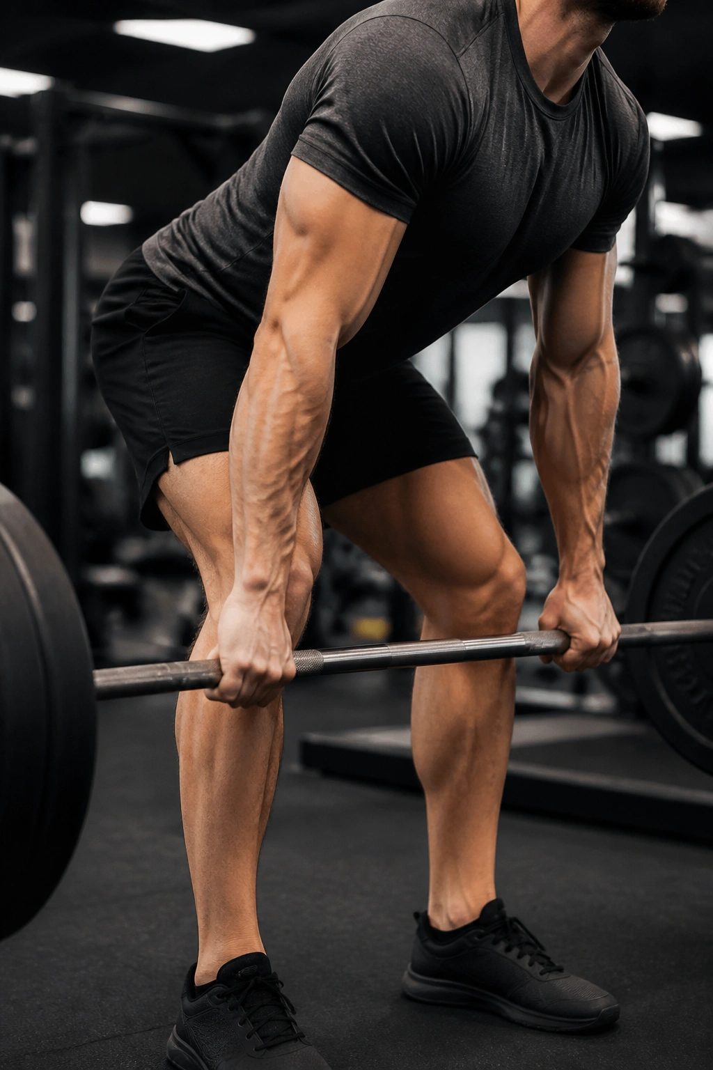 Close-up of a lifter performing a deadlift in a gym, highlighting hips, hamstrings, and back