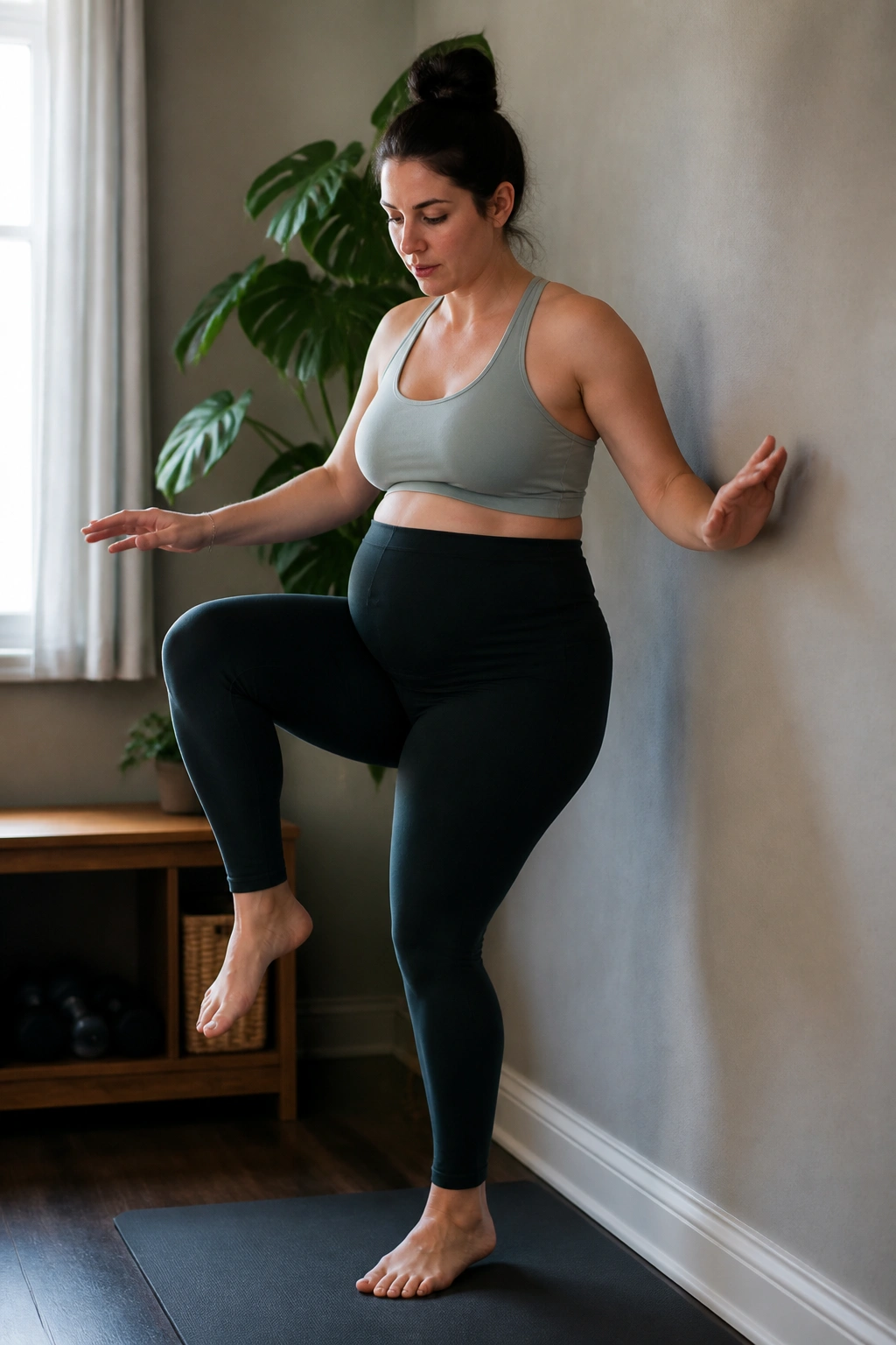 Postpartum woman performing single-leg balance drill near wall