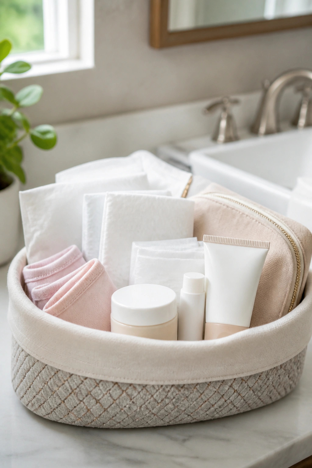 Close-up of a postpartum care basket with soft products on a bathroom counter