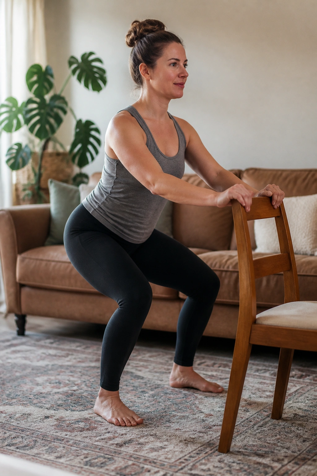 Postpartum mother performing chair squat at home as part of a bodyweight circuit