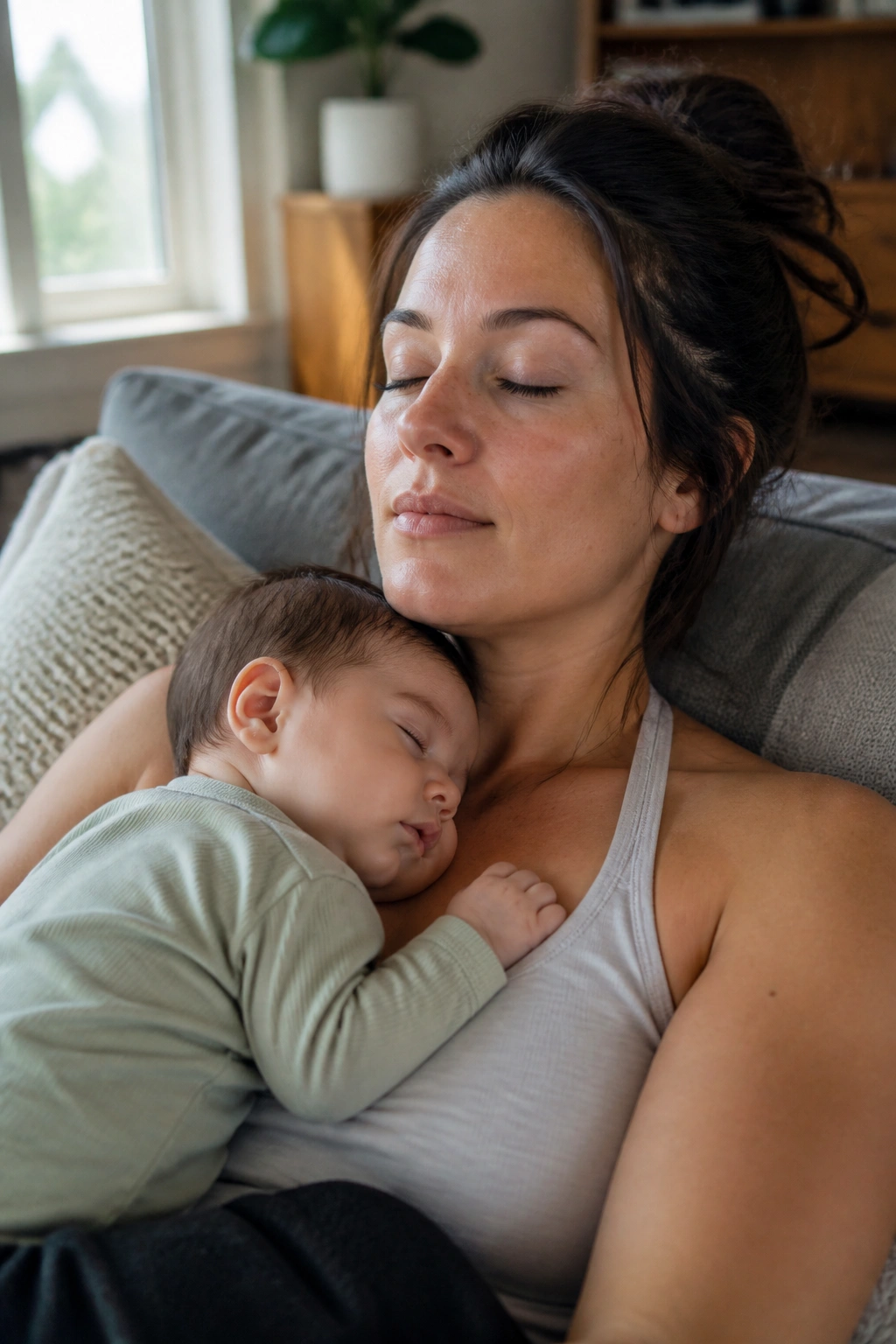 Close-up of postpartum mother with baby on chest practicing diaphragmatic breathing on a sunlit couch