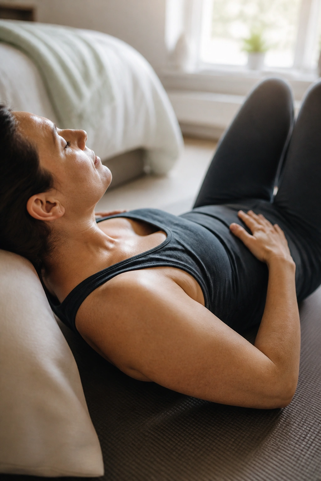 Close-up of a mom practicing diaphragmatic breathing to engage deep core and pelvic floor