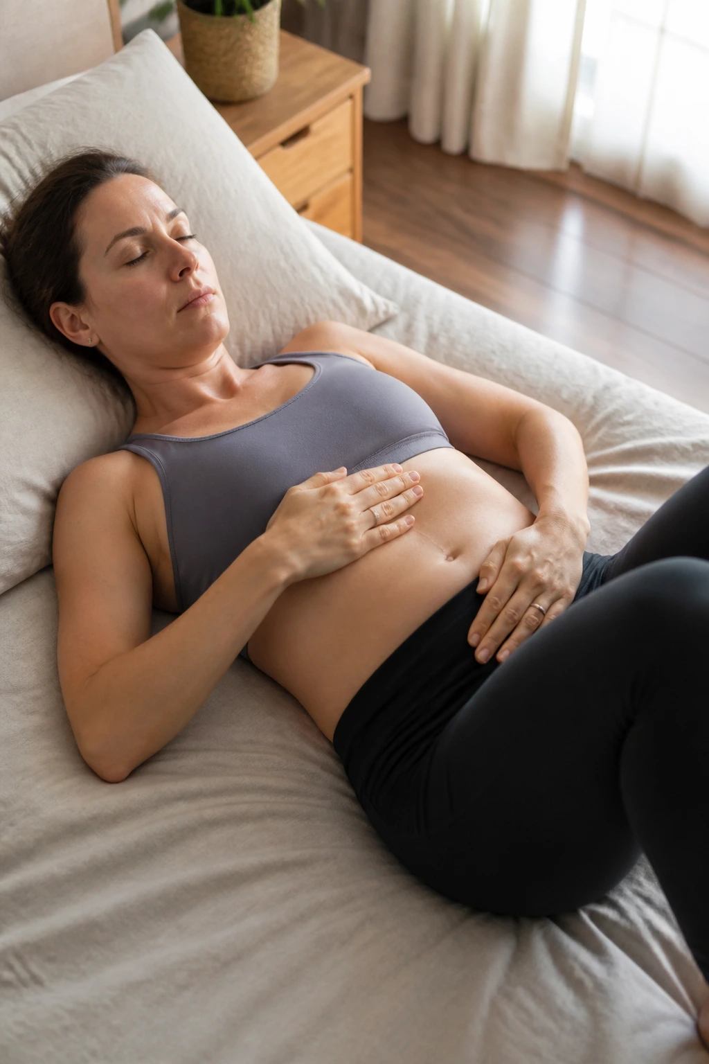Postpartum woman performing 360 breathing with hands on ribs and belly in a cozy bedroom