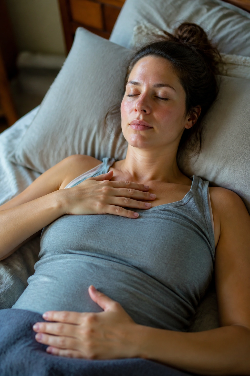 Close-up of a postpartum woman lying in bed practicing diaphragmatic breathing.