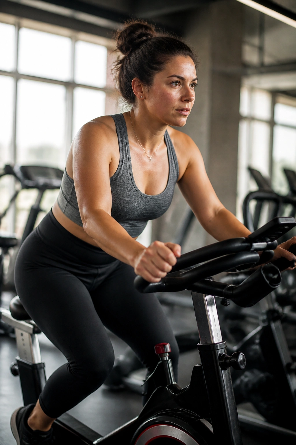 Postpartum athlete on stationary bike during non-jump cardio intervals