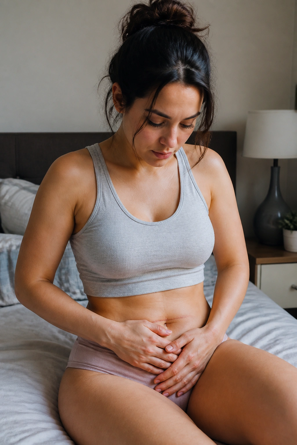 Postpartum woman gently caring for lower abdomen in soft bedroom light