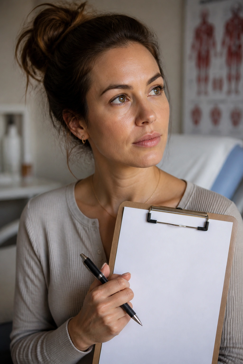 Postpartum patient in clinic ready to discuss questions during checkup