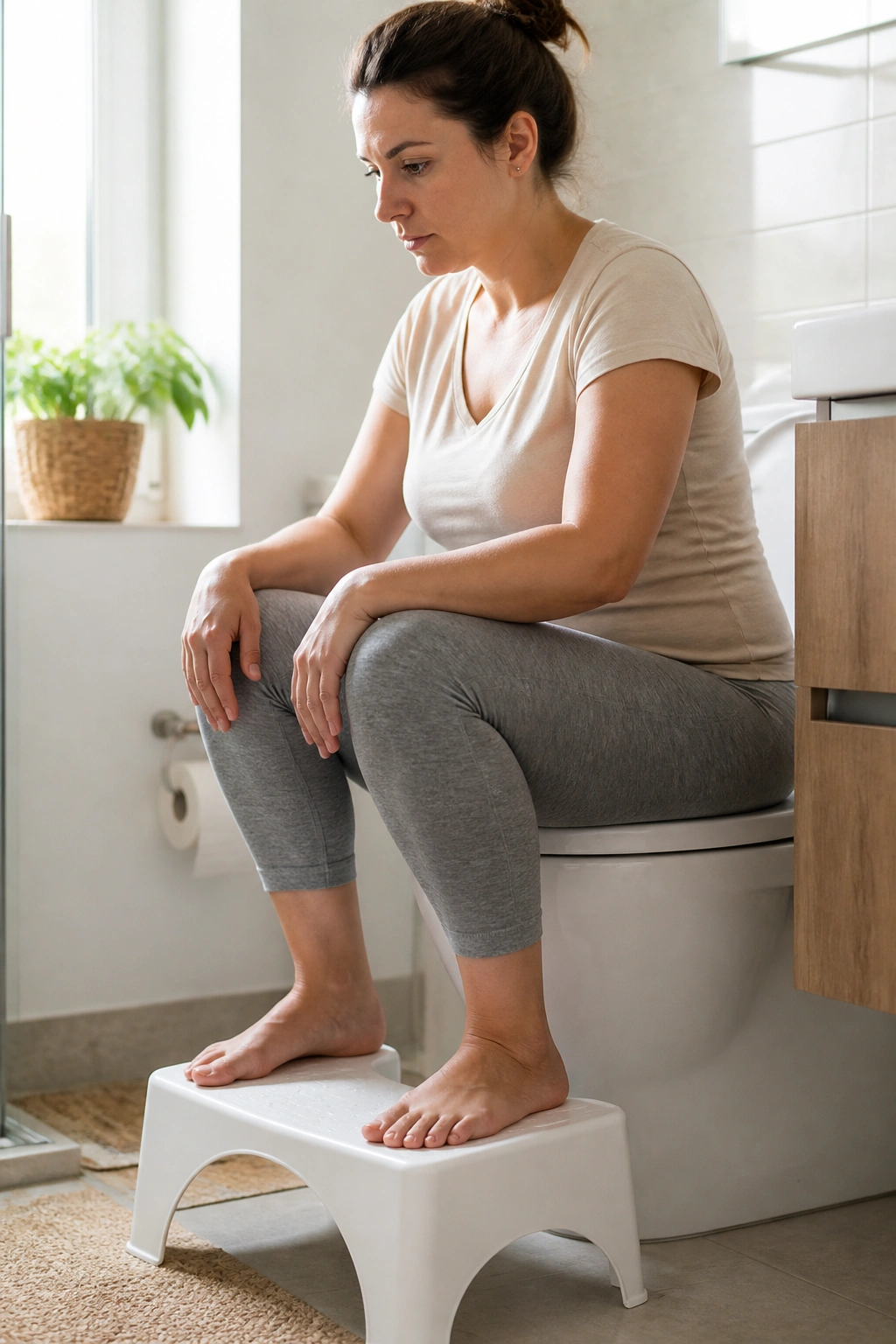 Postpartum woman using a footstool while seated on the toilet in a bright bathroom