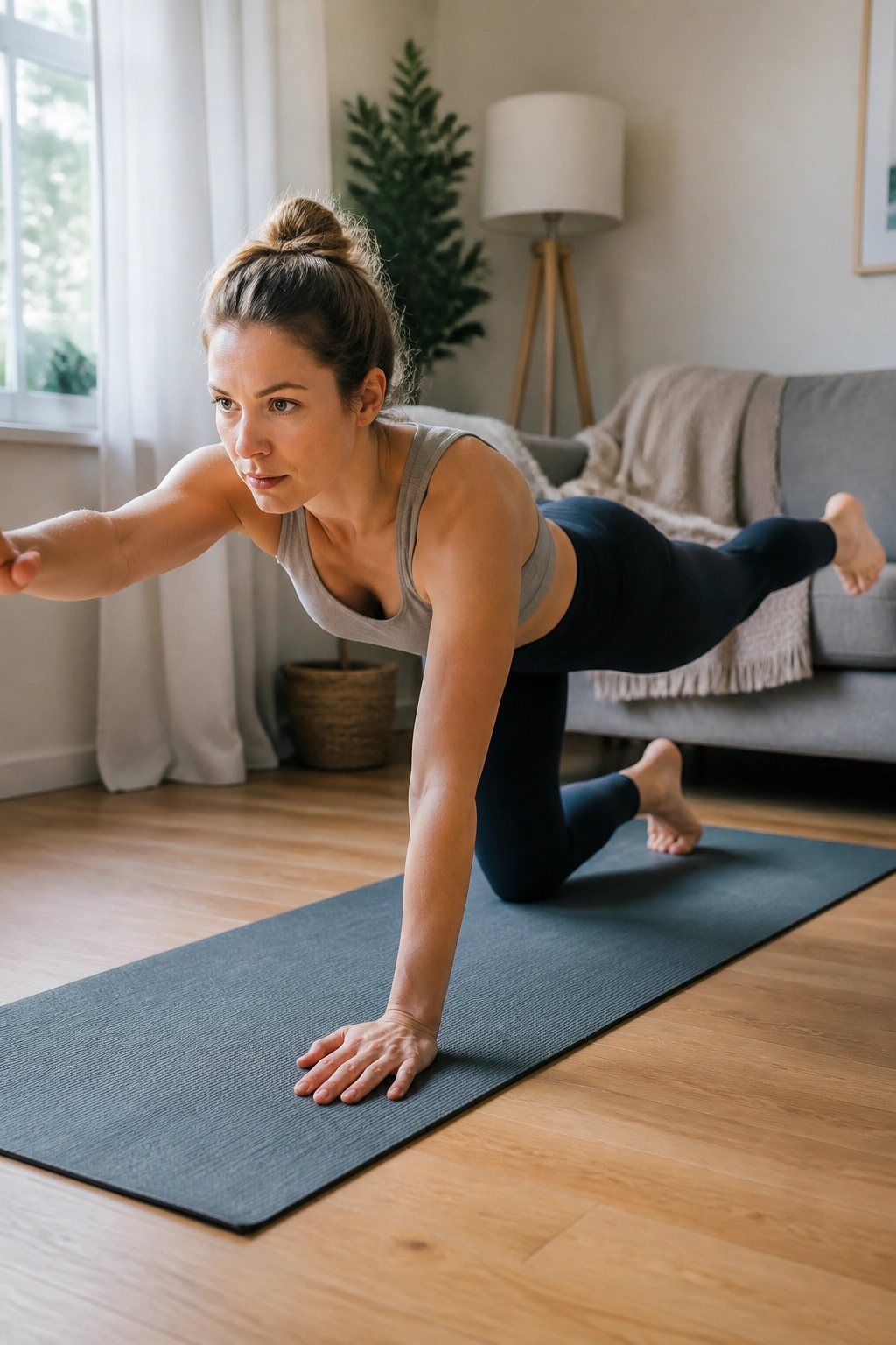 Real person on mat performing a bird-dog exercise as part of a postpartum core circuit