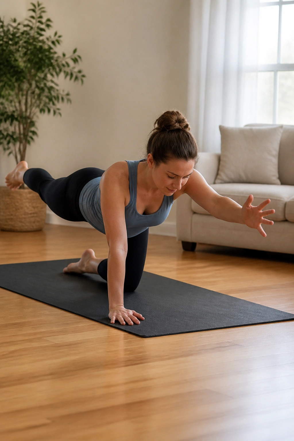 Real person performing a bird dog reach as part of a postpartum core circuit in a bright living room