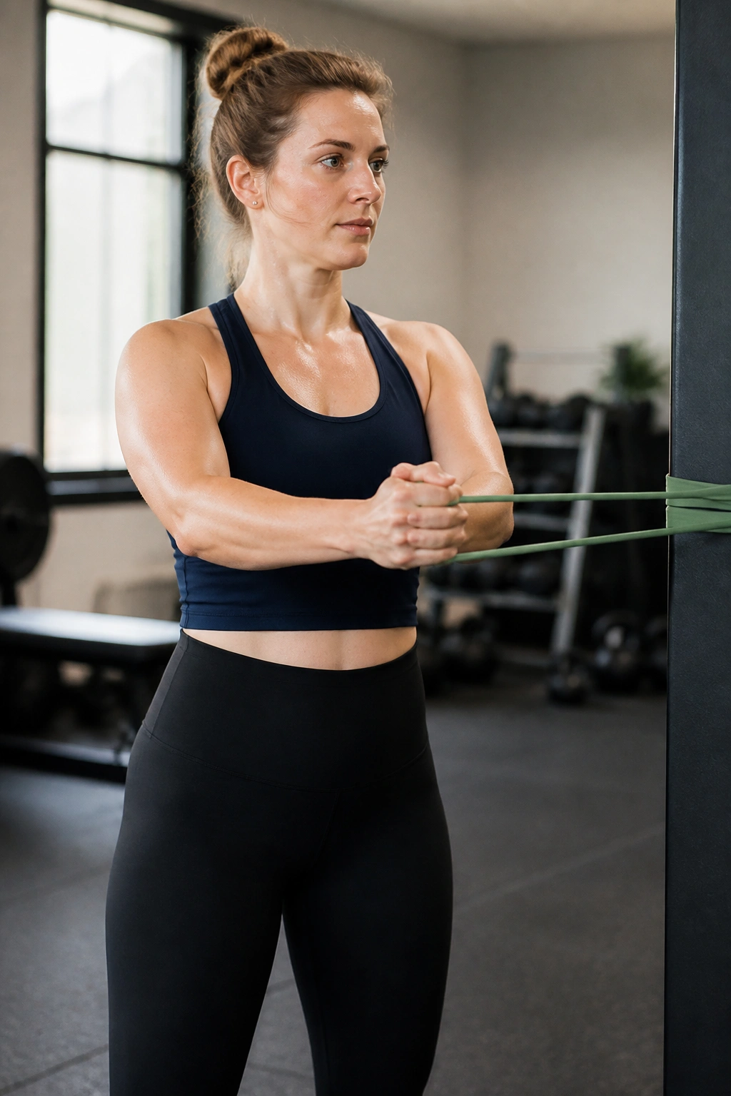 Postpartum woman performing Pallof press to train core with no doming